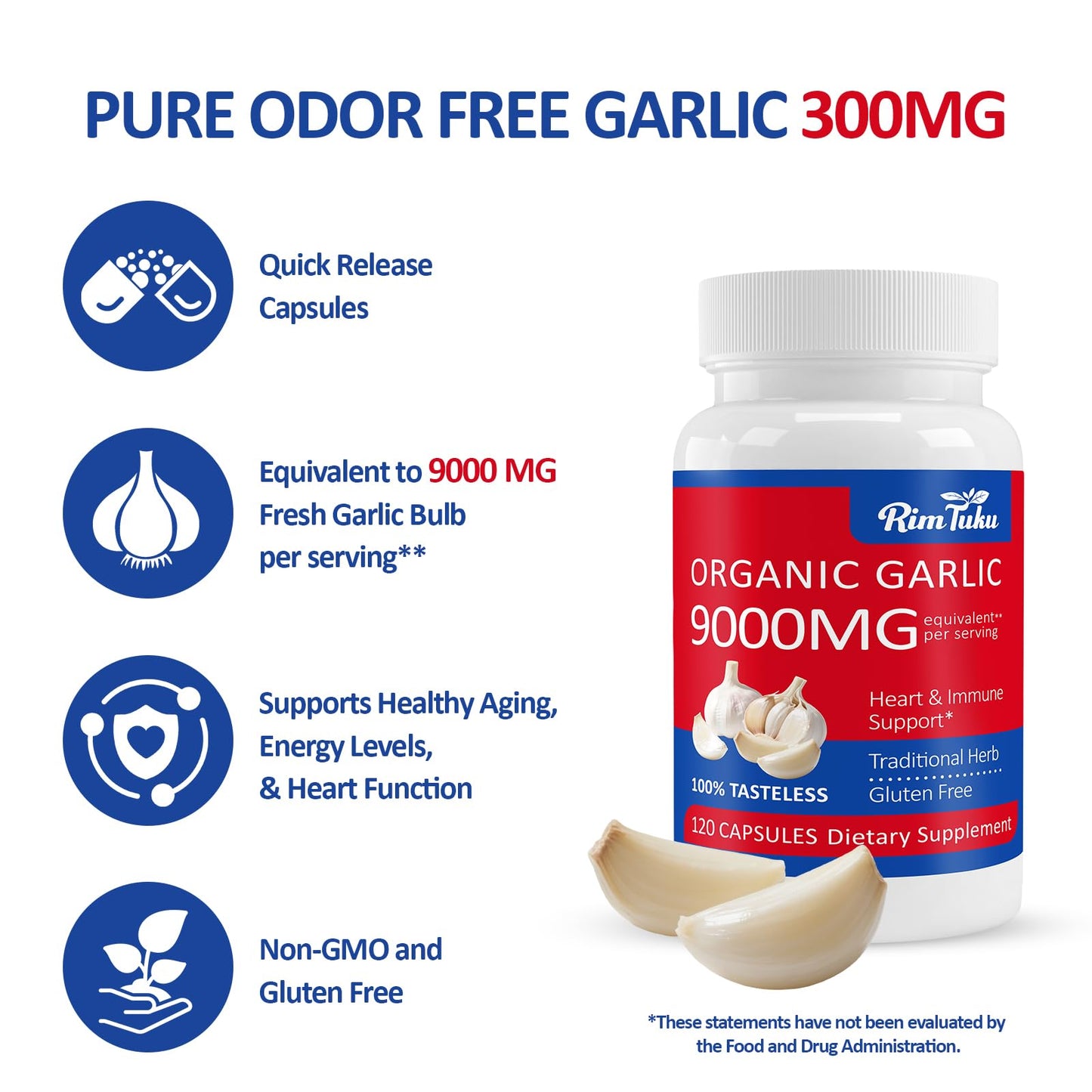 RimTuku Aged Garlic Extract Organic 9000mg Garlic Supplement Powder 30:1 Extract Formula with Alliin Purity 99%+, Selenium, Iron, Zinc, and Manganese Capsules, 120 Count