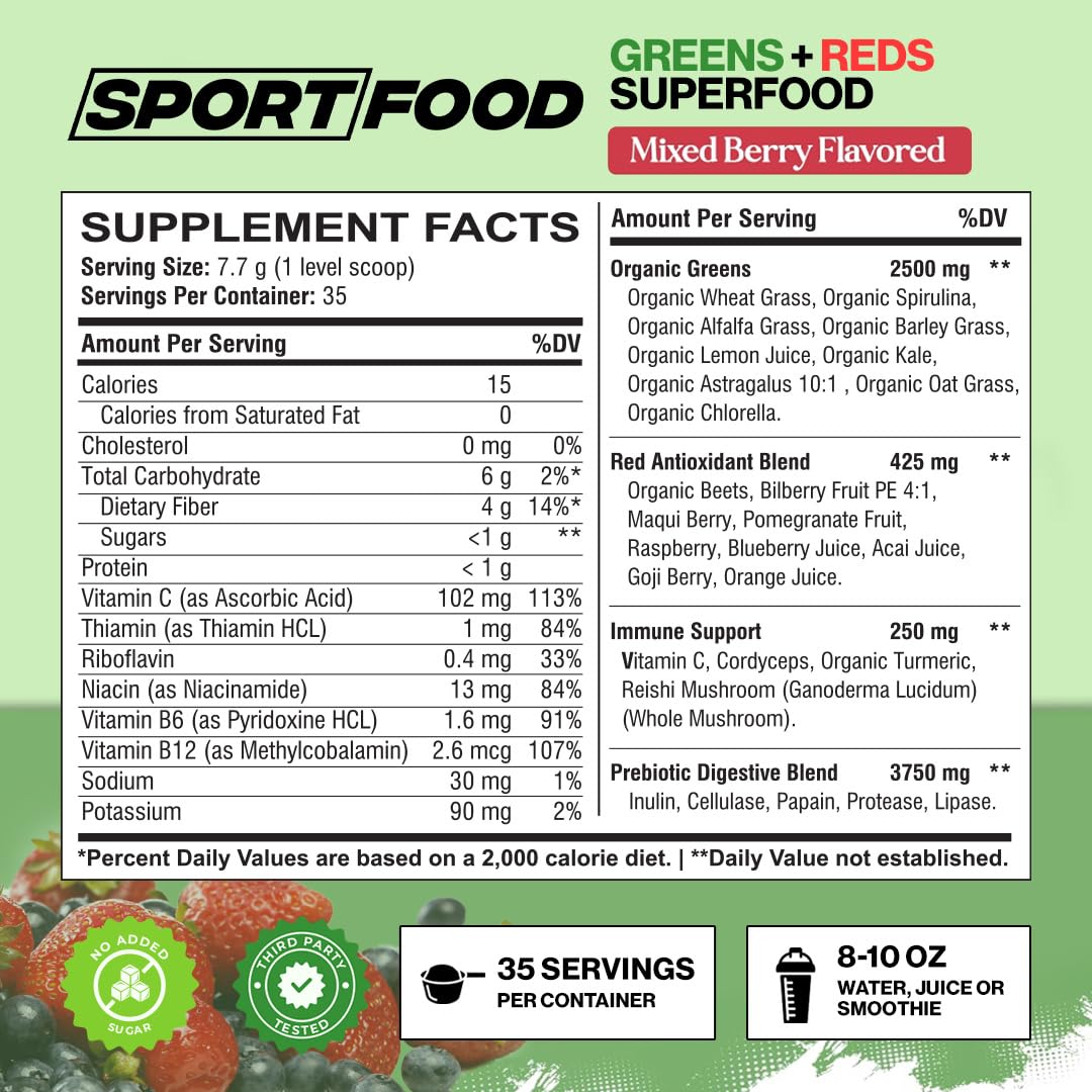 Sport Food Organic Greens & Reds Superfood Powder Mixed Berry Flavor, 8 oz