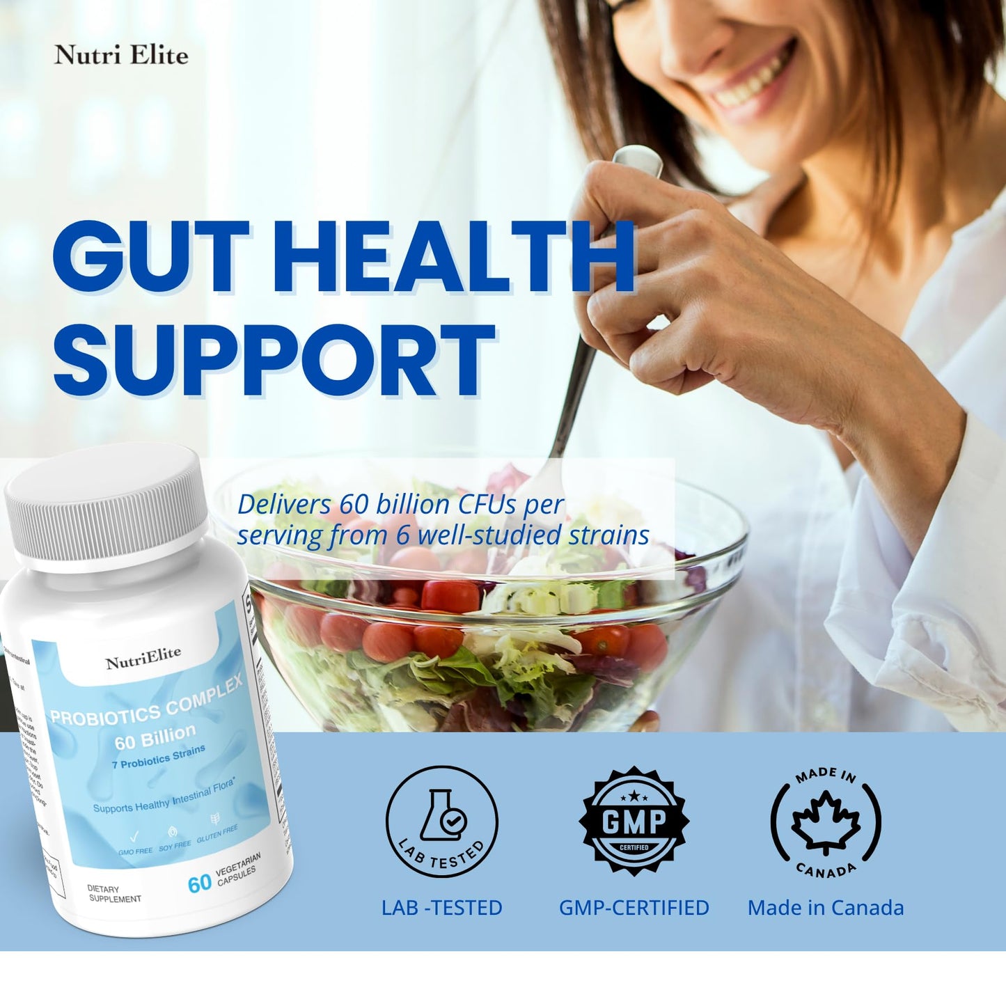 NUTRI ELITE 60 Billion CFU Probiotics Complex with 7 Strains, Capsules, 60 Count