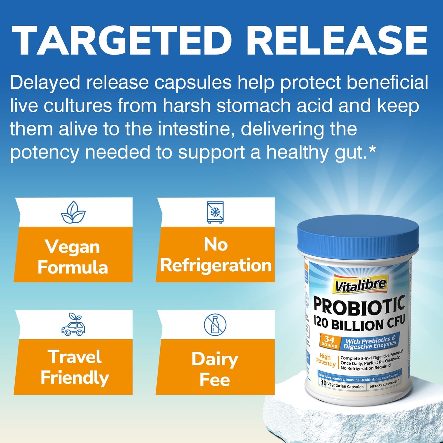 Vitalibre Probiotics for Women and Men, 120 Billion CFU, 34 Strains with Digestive Enzymes & Prebiotics, 30 Capsules