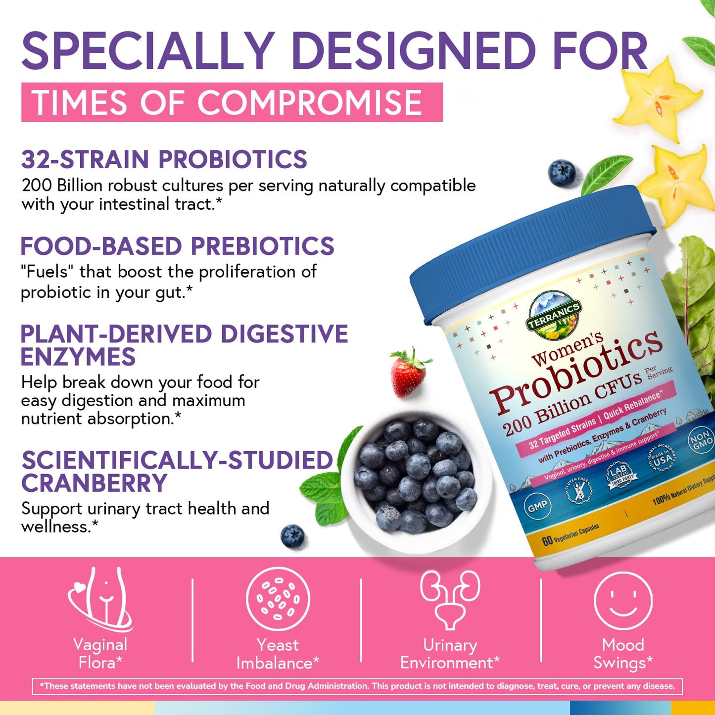 Terranics Daily Probiotics for Women, 200 Billion 32 Strains Womens Probiotics, with Cranberry, Prebiotics & Enzymes, Rebalance Vaginal Flora & pH, Delayed Release, Shelf Stable, 60 Vegan Capsules