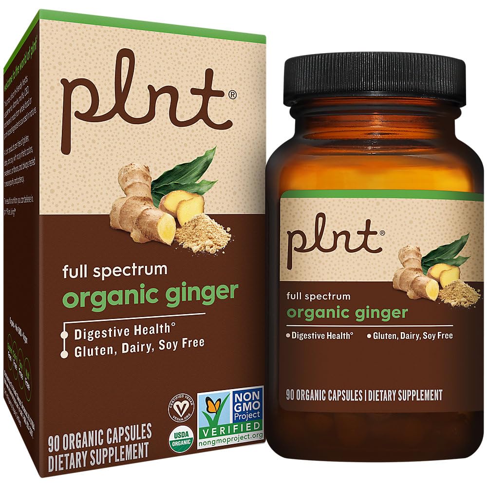 plnt Organic Ginger for Digestive Health Support 500 MG Capsules 90 Count