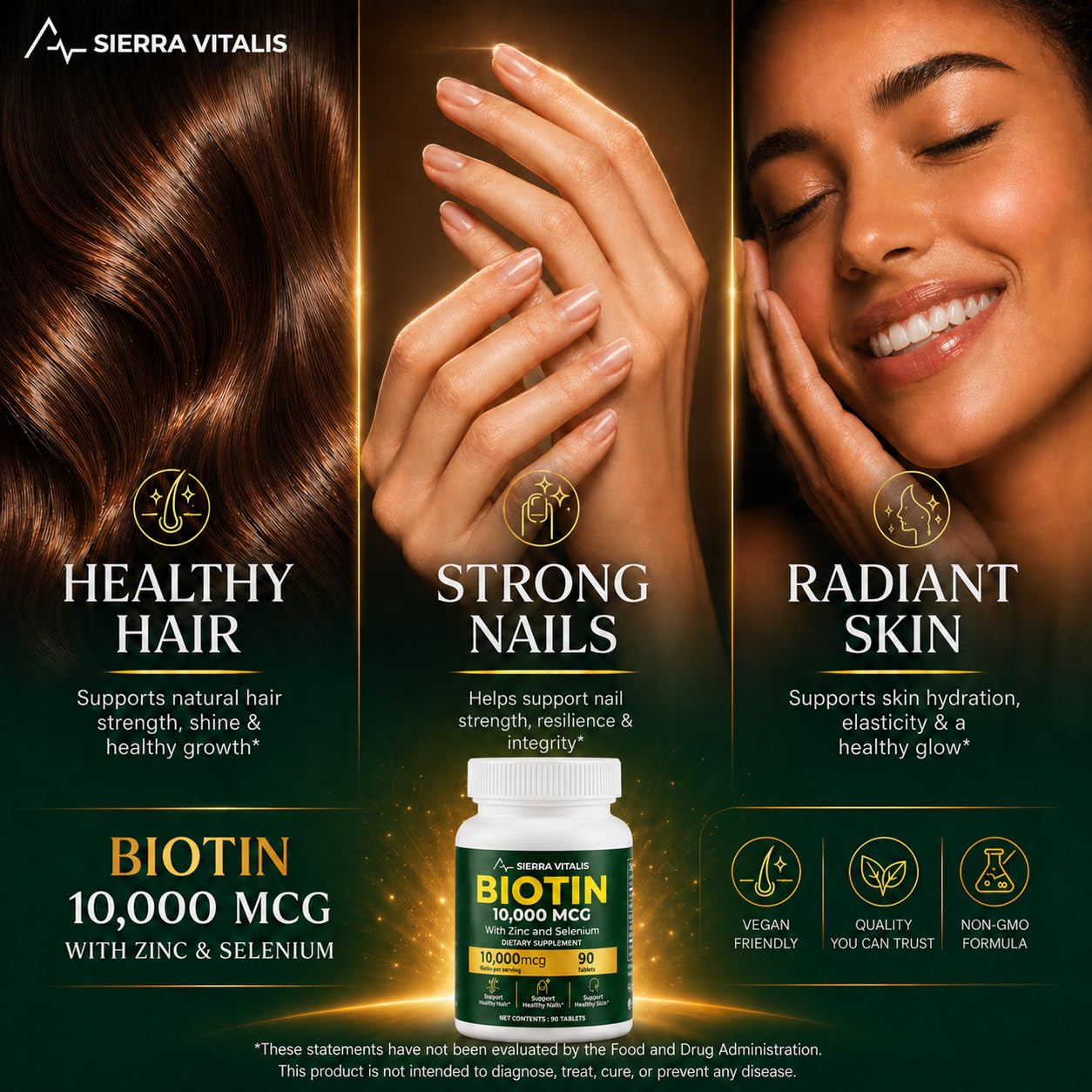 SIERRA VITALIS Biotin 10000mcg Hair Growth Tablets, Zinc + Selenium, 90 Count, Non-GMO, Gluten Free