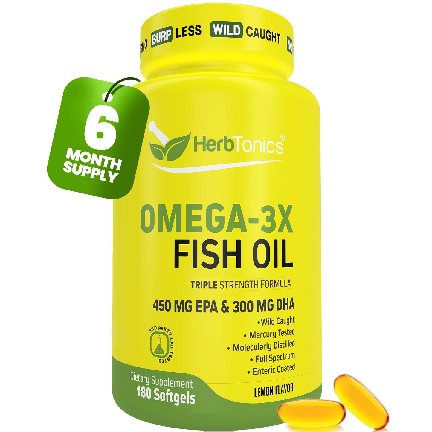 Herbtonics Omega-3 Fish Oil 1250mg Softgels, 180 Count
