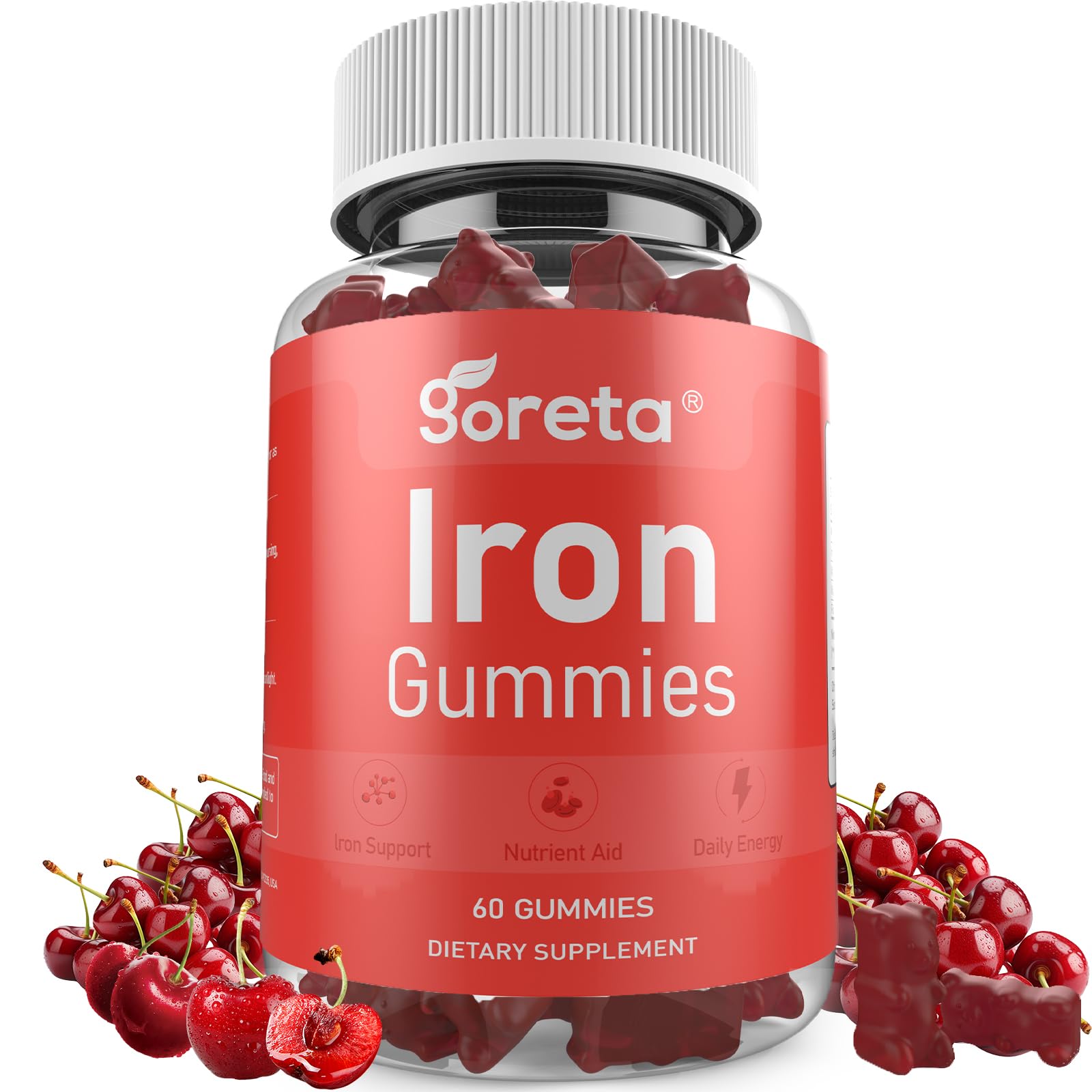 Goreta Iron Gummies with Bisglycinate 25mg, Vitamin C, B12 & Folic Acid, Pectin-Based, Cherry Flavor, 60 Count