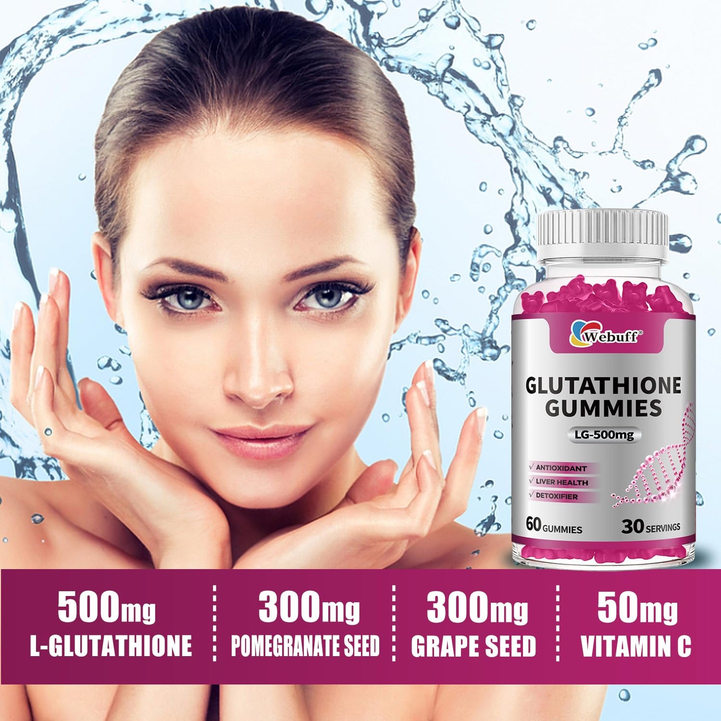 Webuff Glutathione Gummies with Collagen 500mg Vitamin C & B6 Skin Glow Hair & Nail Support Anti-Aging Antioxidant Sugar-Free Non-GMO Strawberry Flavor, 60 Gummies