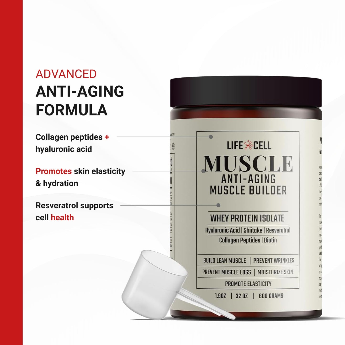LifeCell Whey Protein Powder – Anti-Aging Muscle Builder, Chocolate, 600g, 32