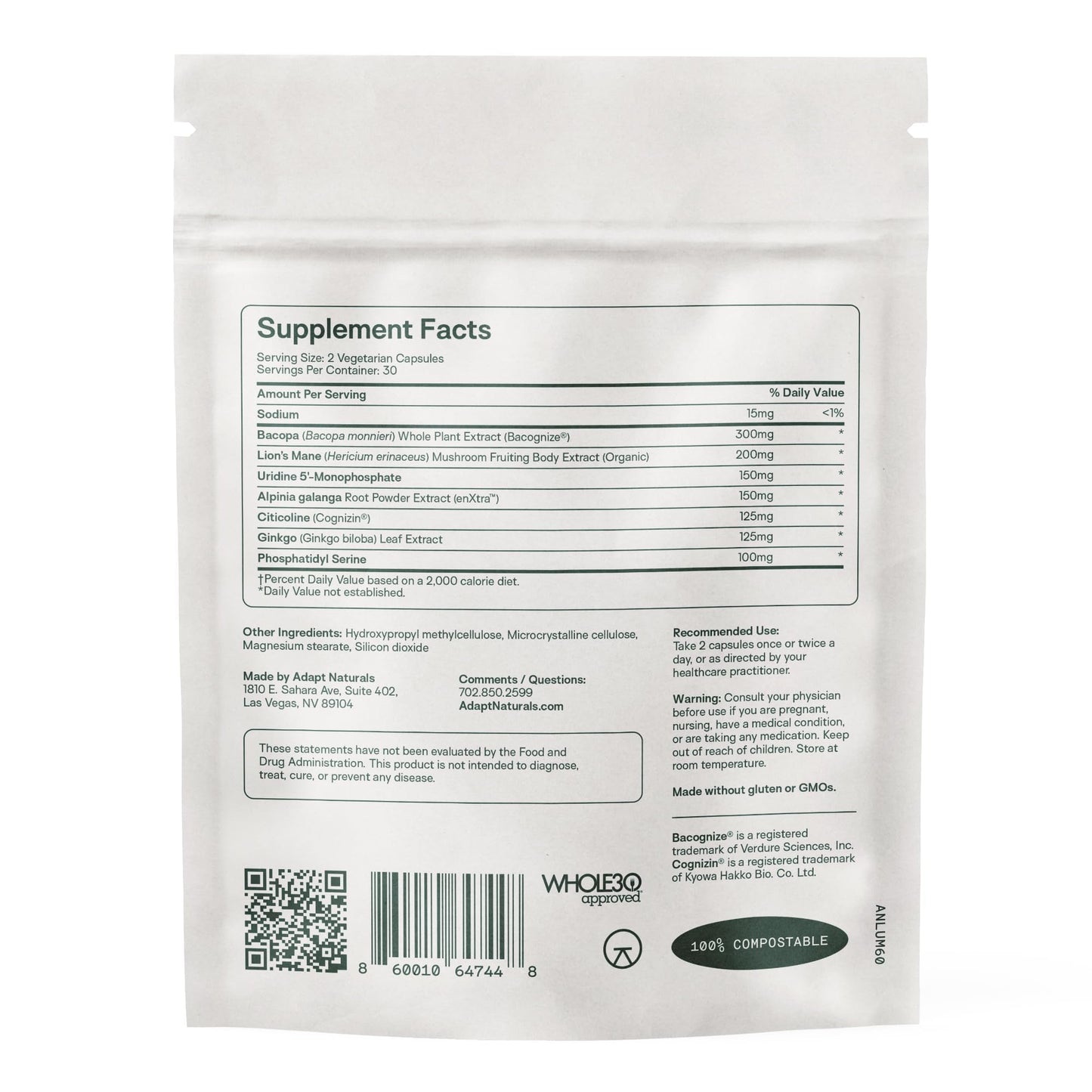 Adapt Naturals by Chris Kresser Luminous Mind Nootropic Brain Supplement with Ginkgo Biloba, Bacopa and Lions Mane Capsules 120