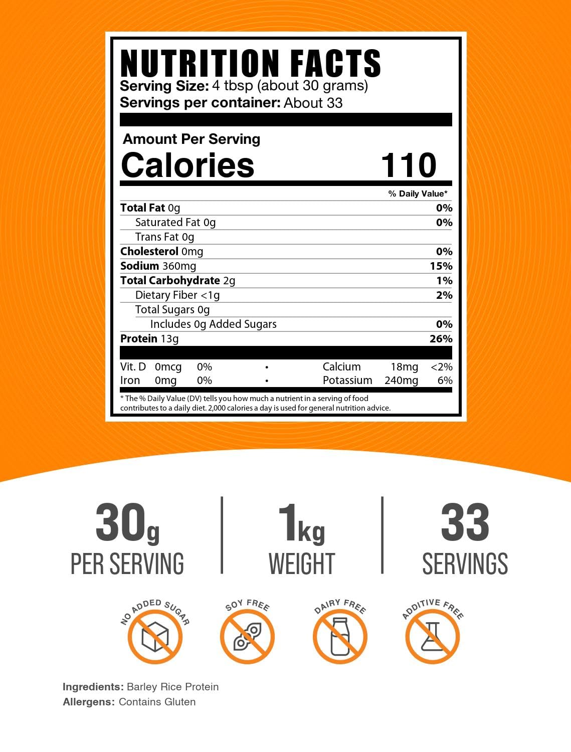 BulkSupplements Barley Rice Protein Powder - 1kg (2.2 lbs) Pack of 1