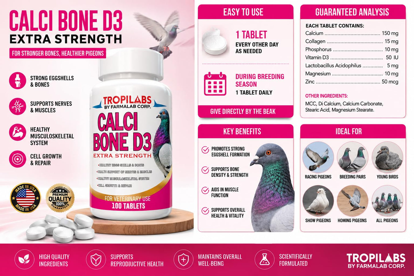 Generic Farmalab Calcium Bone D3 Extra Strength Calcium Supplement for Pigeons, 100 Tablets