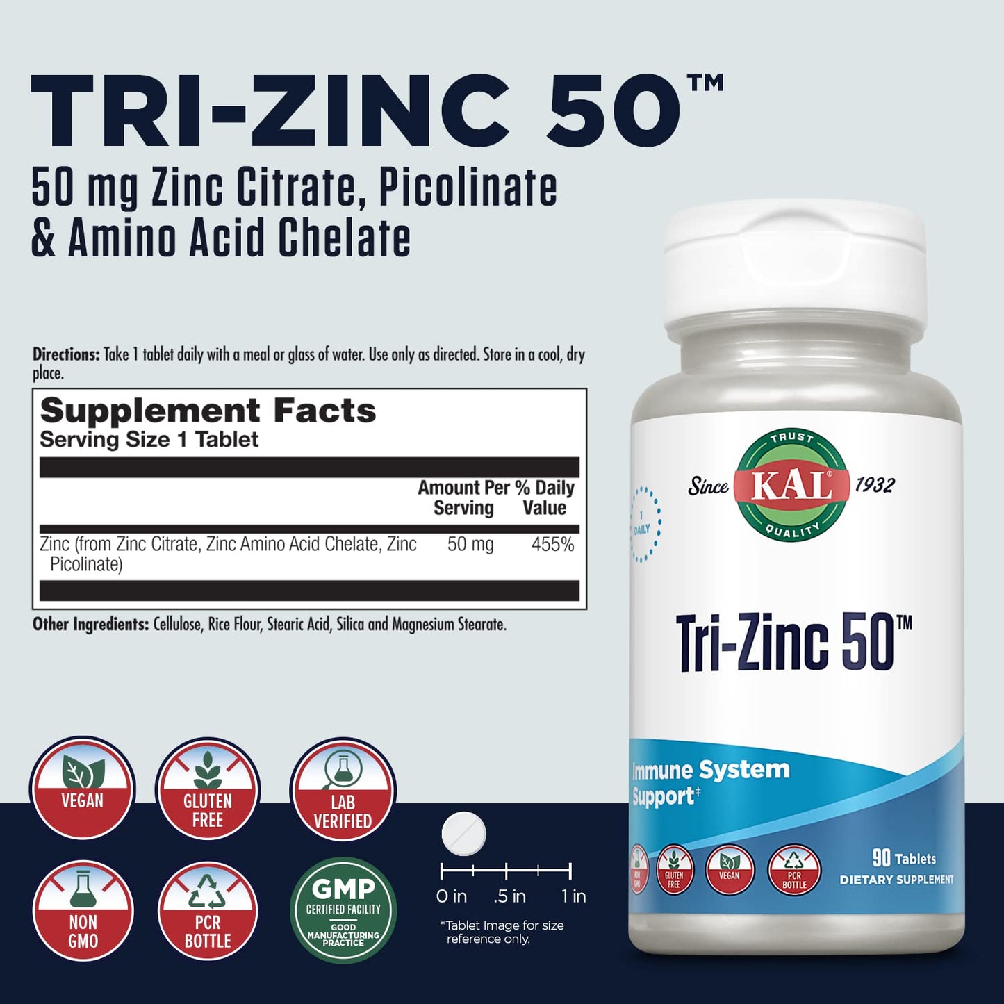 KAL Tri Zinc Supplement 50 mg for Men & Women - Zinc Citrate, Amino Acid Chelate, & Picolinate, 90 Tablets