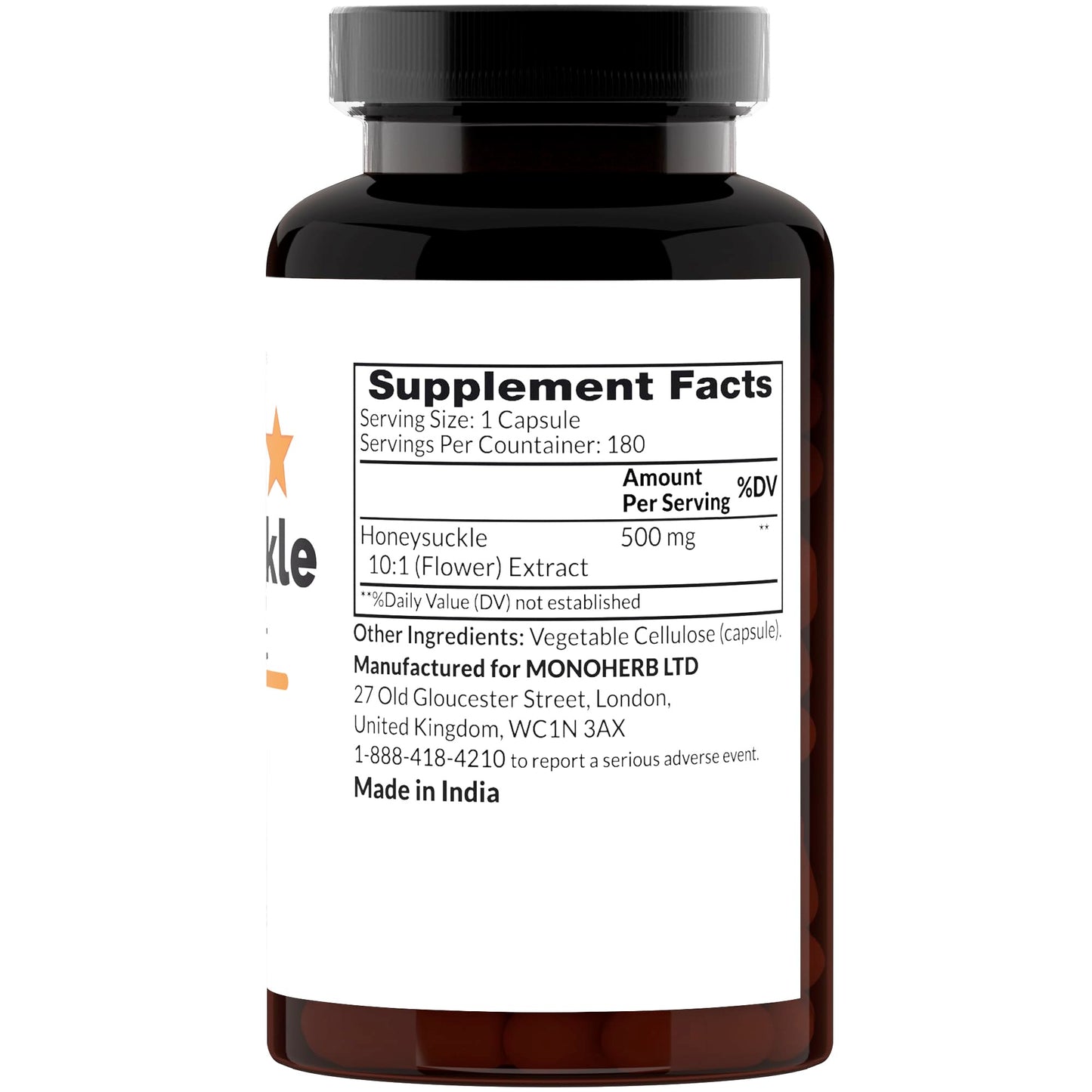 MONOHERB Honeysuckle 10:1 Extract 500 mg per Capsule, 180 Capsules