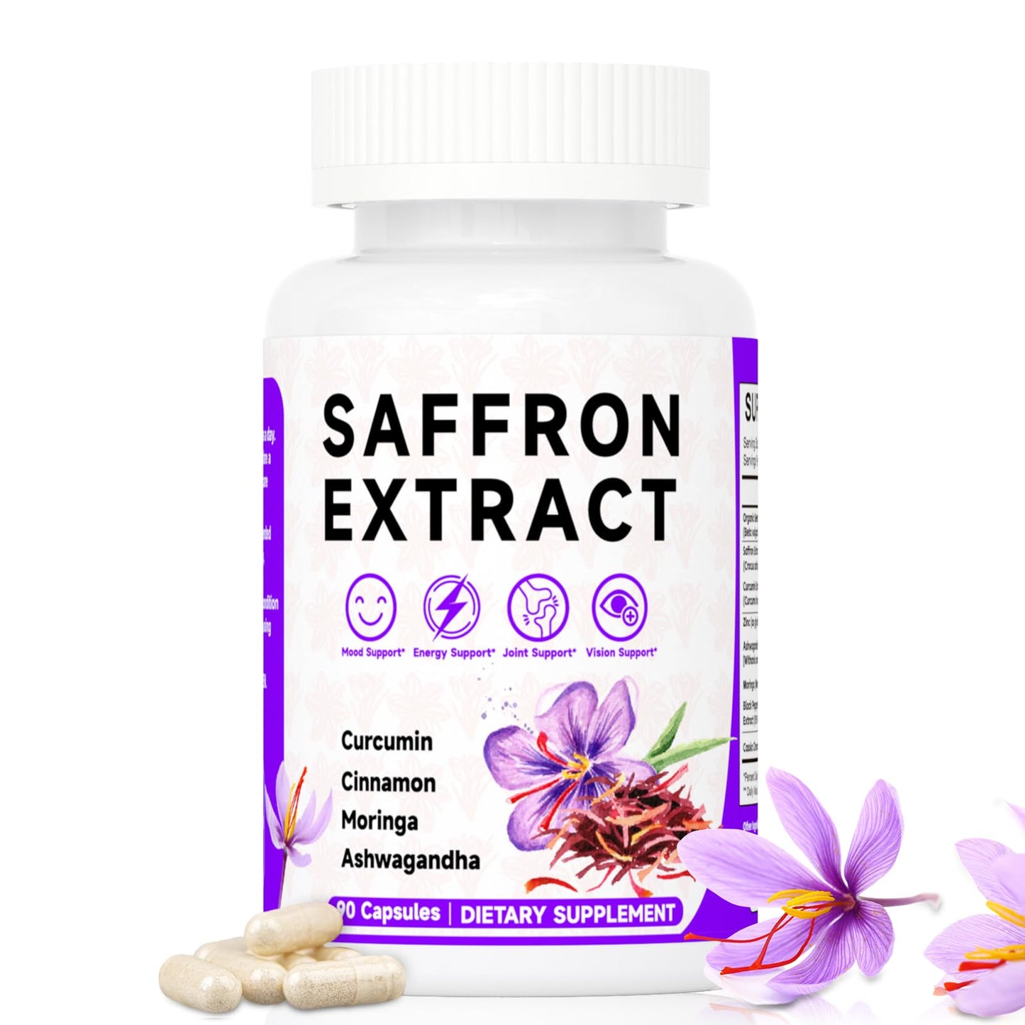 Mosslly Happy Saffron Supplements 100mg Saffron Extract, Saffron Blend with Turmeric & Ashwagandha Supports Mood, Focus, and Energy Boost, 90 Capsules