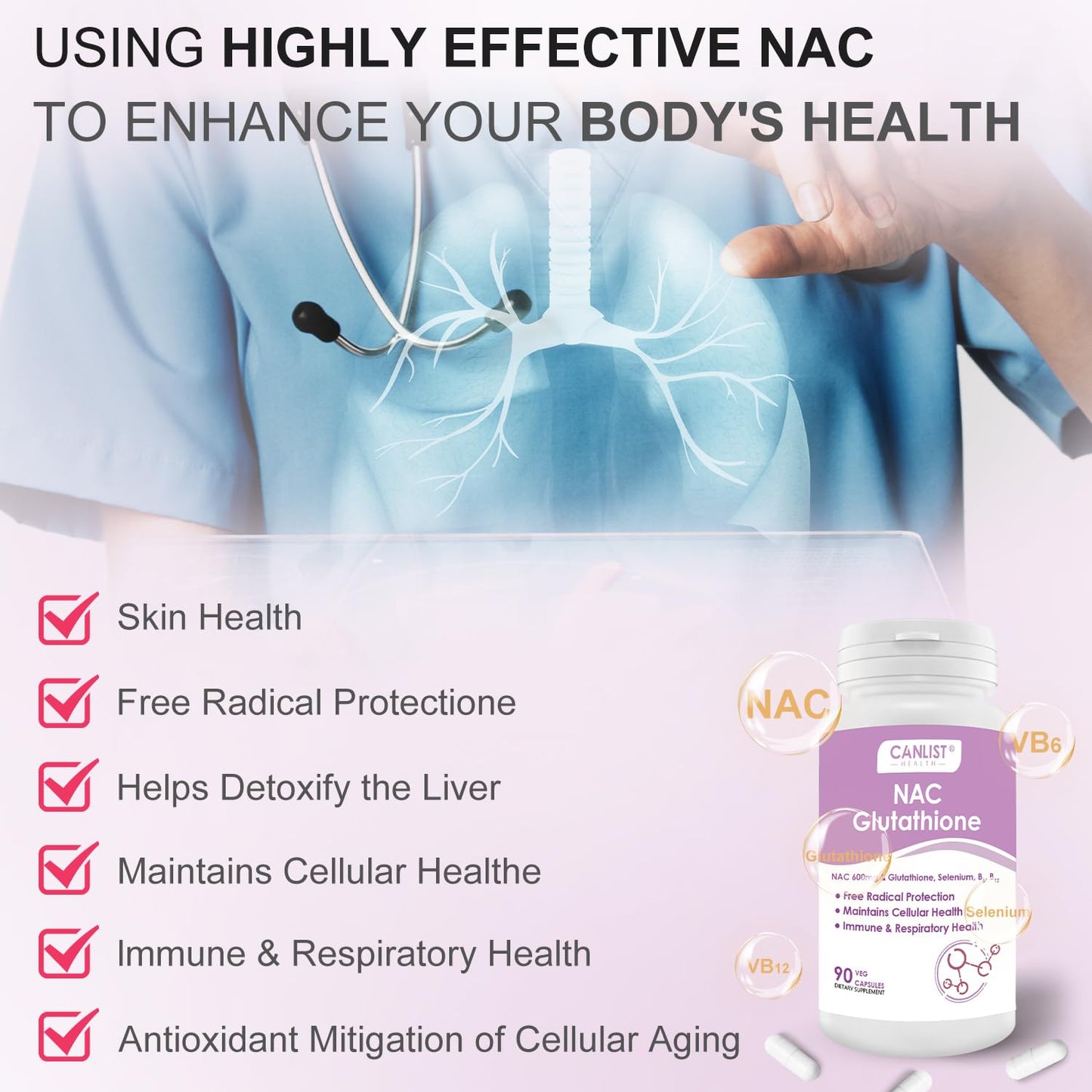 CANLIST NAC Supplement (N-Acetyl Cysteine) 600mg with Glutathione 400mg, Enhanced Absorption for Liver Health, Antioxidant Support & Detox, 90 Capsules