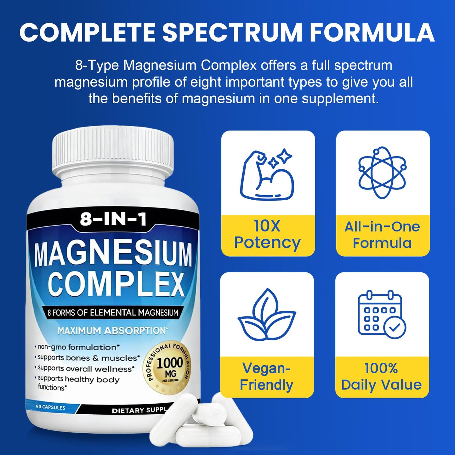 MIRACLE OFFICIAL Magnesium Complex 8-in-1 Elemental 1000mg Capsules, 90 Count