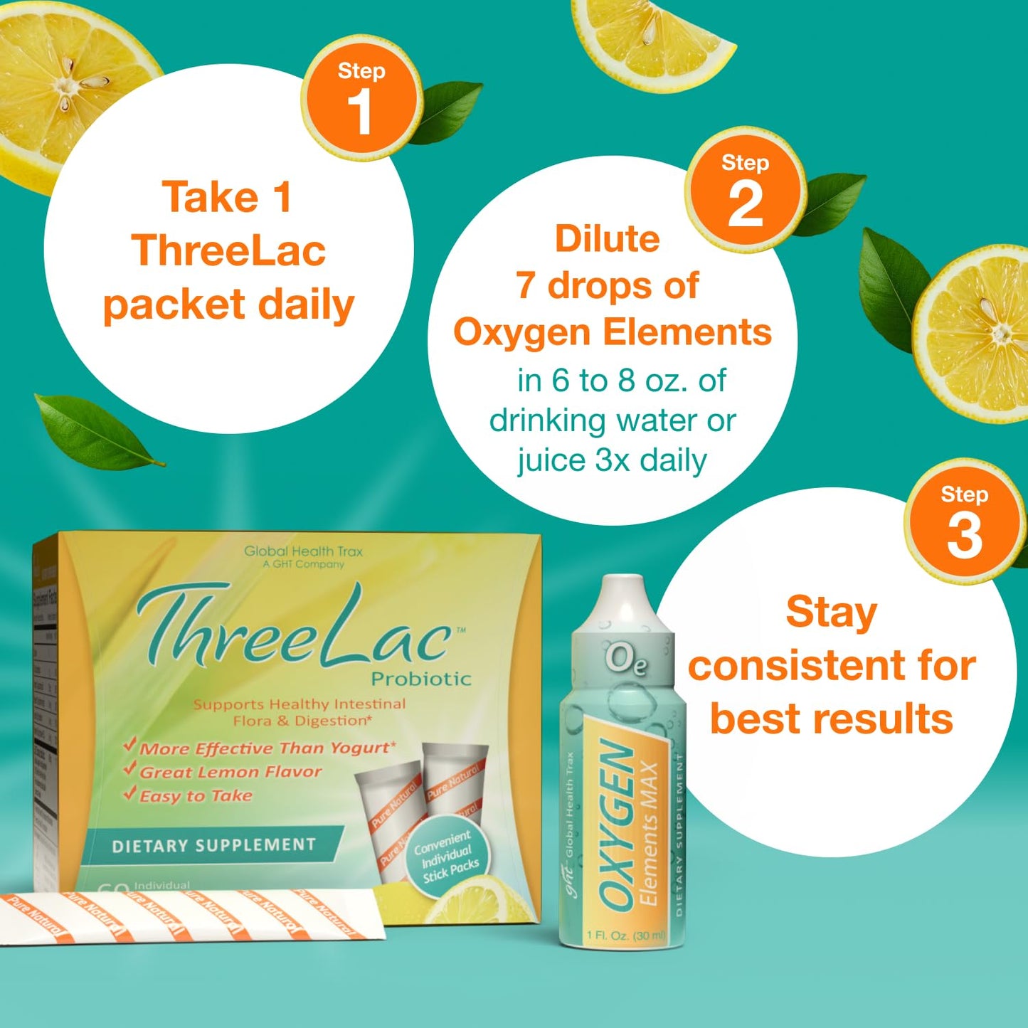 GHT Global Health Trax ThreeLac Lemon Probiotic Powder & Oxygen Elements Max Drops, Capsule, 3-Pack