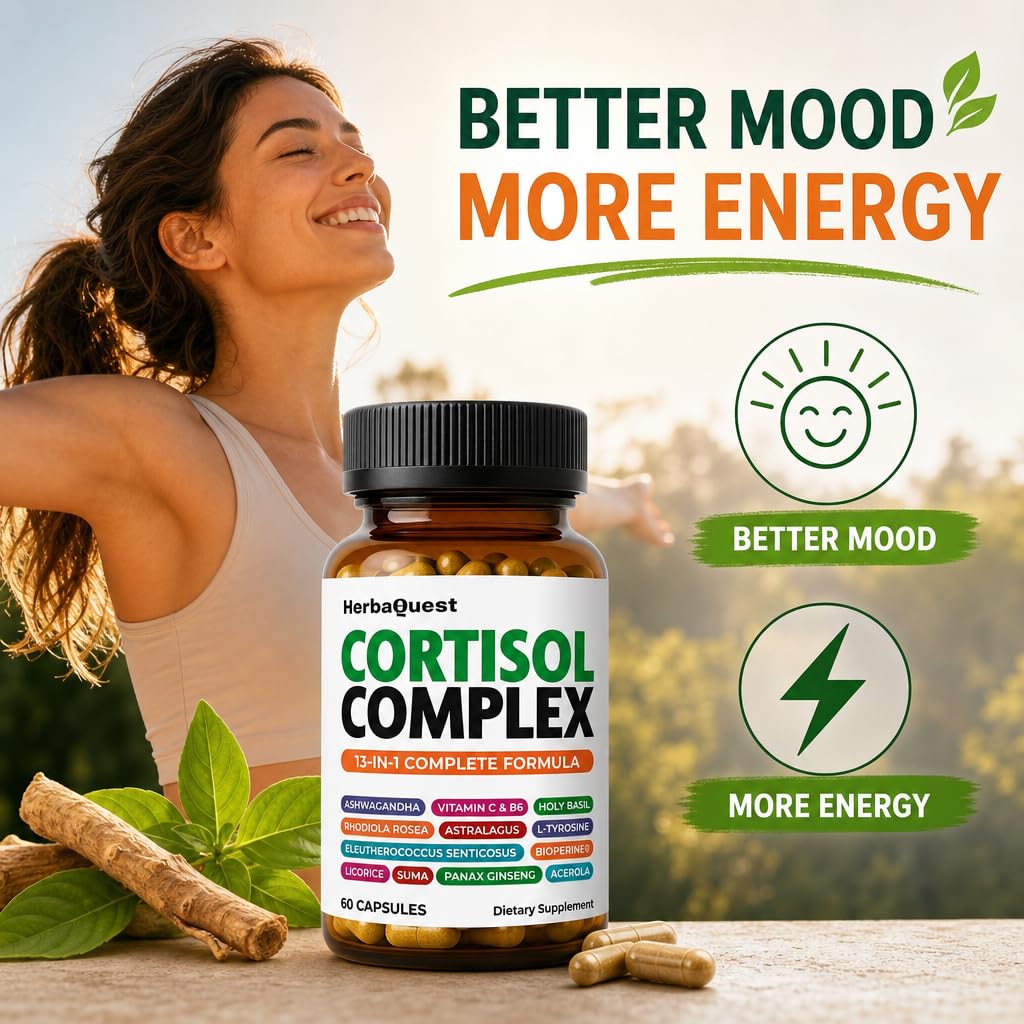 HerbaQuest Cortisol Reducer for Women – Rhodiola Rosea Supplement with Ashwagandha & L-Tyrosine, 13-in-1 Best Supplement to Reduce Cortisol, 60 Capsules
