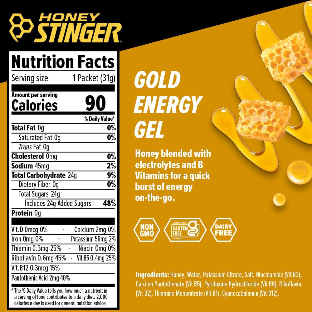 Honey Stinger Gold Energy Gel, Gluten Free & Caffeine Free, for Exercise, Running and Performance, Sports Nutrition for Home & Gym, Pre and Mid Workout, 12 Pack, 13.2 Ounce