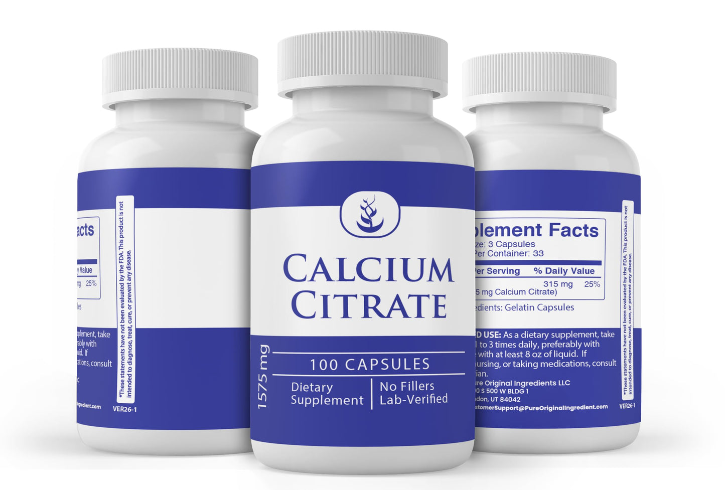Pure Organic Ingredients Calcium Citrate Capsules, 100 Capsules