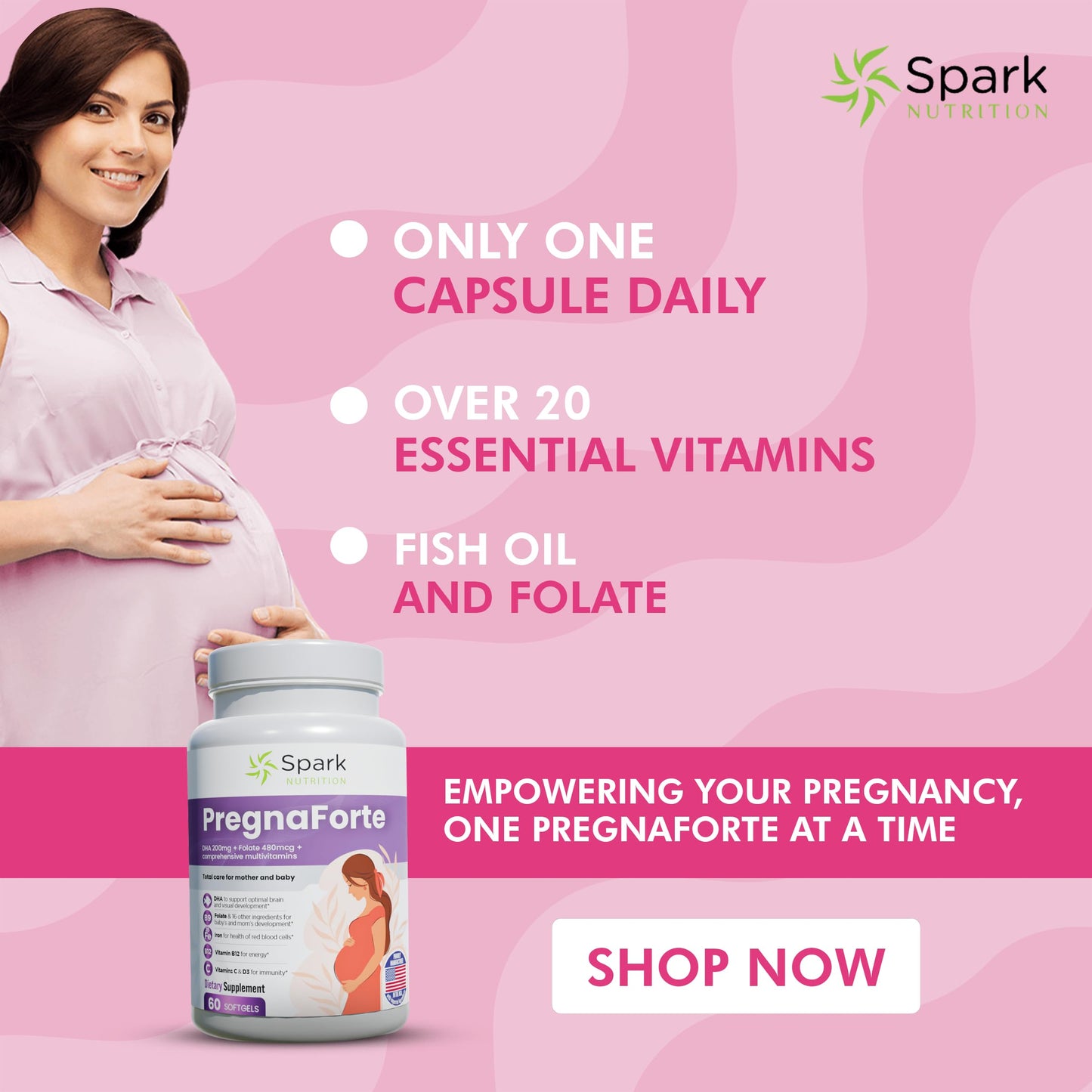 Spark Nutrition Pregnaforte 1 a day Prenatal vitamins for women Softgel, 60 Count