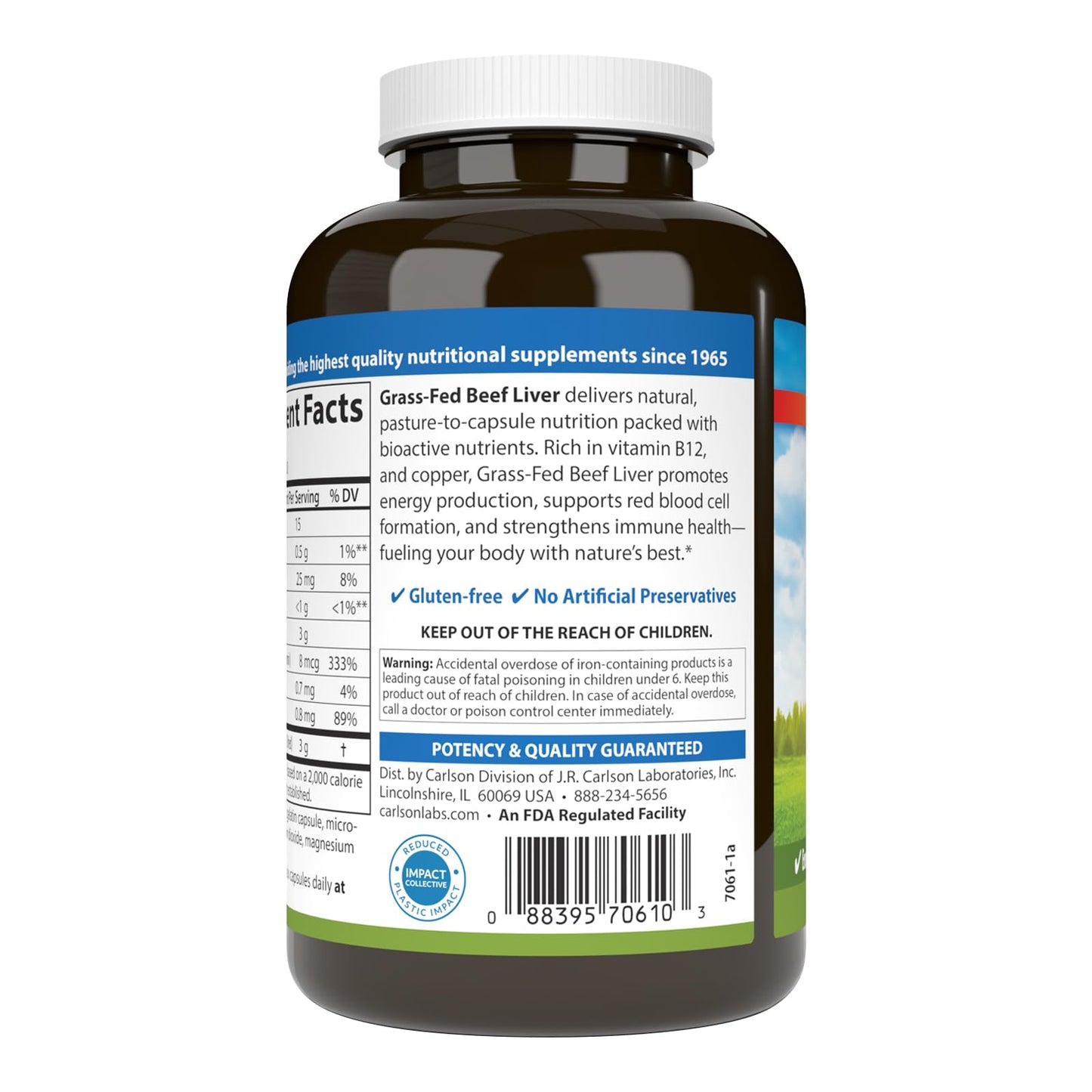 Carlson Grass-Fed Beef Liver with Iron & Copper, Supports Blood Health & Energy, Red Blood Cell Production, 180 Capsules