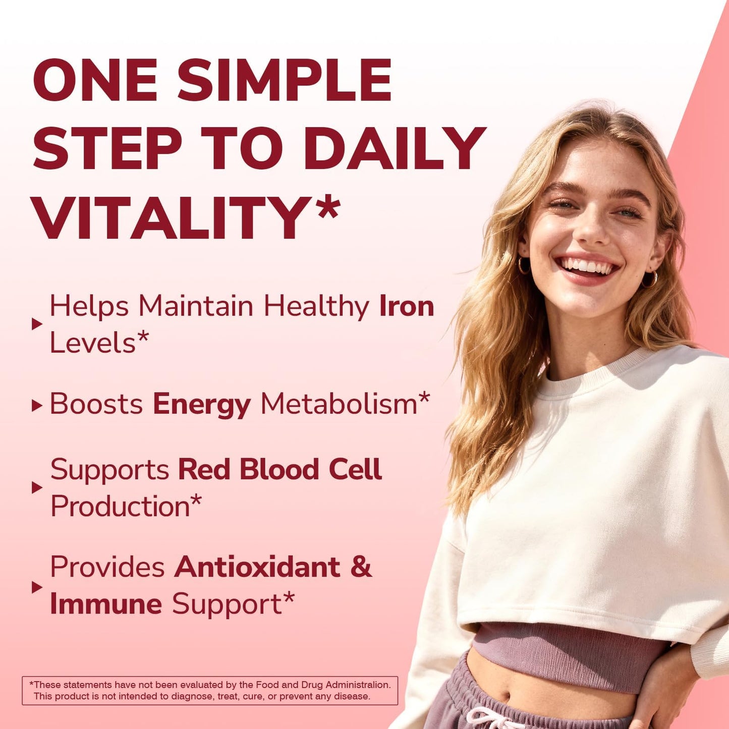 Vitalibre Iron Supplement for Women & Men 65 mg Ferrous Sulfate with Vitamin C, D3, B6, B12, Folate, Beet Root, Spinach, Pumpkin Seeds, Nettle for Red Blood Cell & Energy Production, 60 Tablets