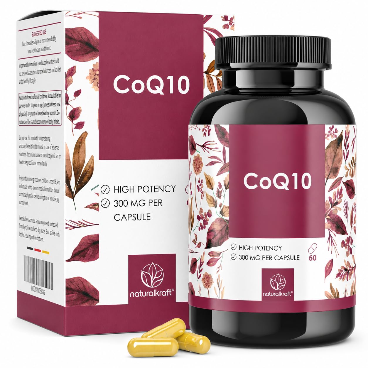 naturalkraft CoQ10 300 mg Capsules High Potency Coenzyme Q10 Supplement Supports Cellular Energy & Antioxidant Support, Vegan, Non-GMO, Gluten-Free Premium German Quality - 60 Capsules
