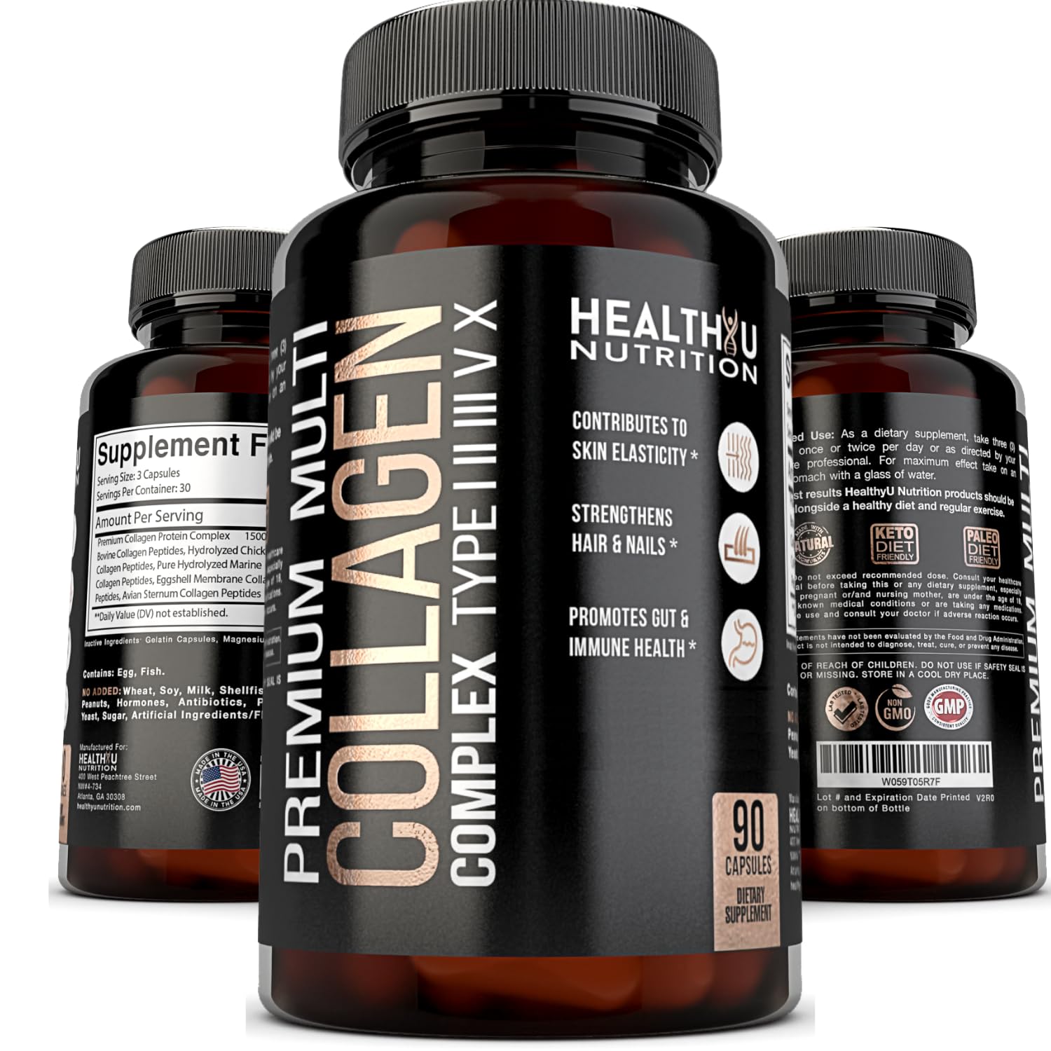 HEALTHYU NUTRITION Premium Multi Collagen Peptides Capsules, 90 Count