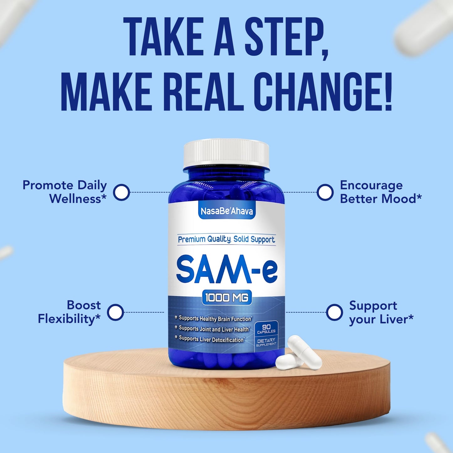 NasaBeahava Extra Strength SAM-e Supplement 1000mg per Serving Capsule, 90 Count