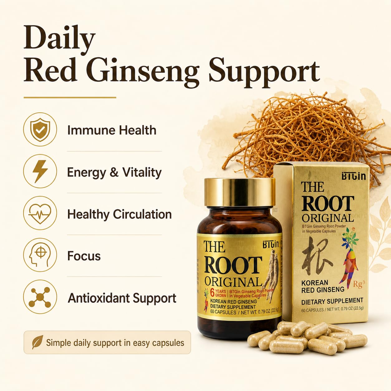 BTGIN The Root Original Korean Red Panax Ginseng Supplement Capsule 60 Count