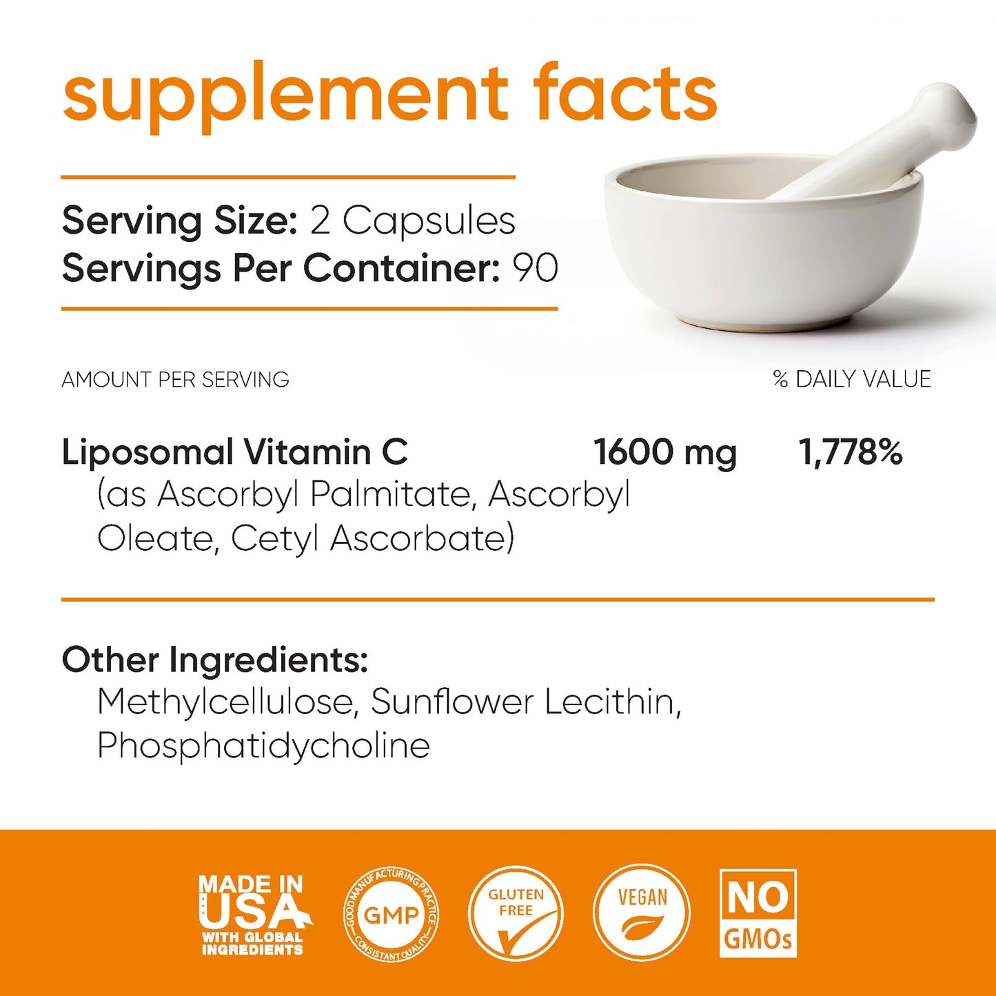 Loriináe Liposomal Vitamin C 1600mg High Absorption with Sunflower Lecithin Capsules, 180 Count