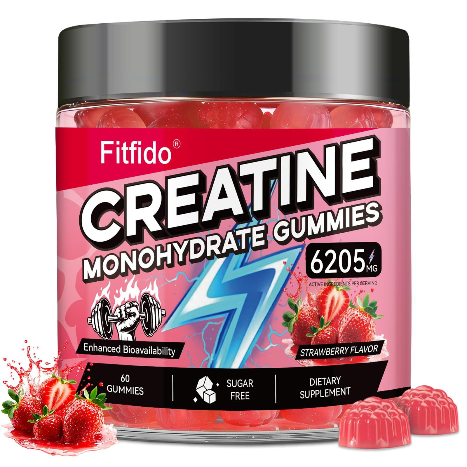 Fitfido Creatine Monohydrate Gummies 5000mg with L-Carnitine, 60 Gummies