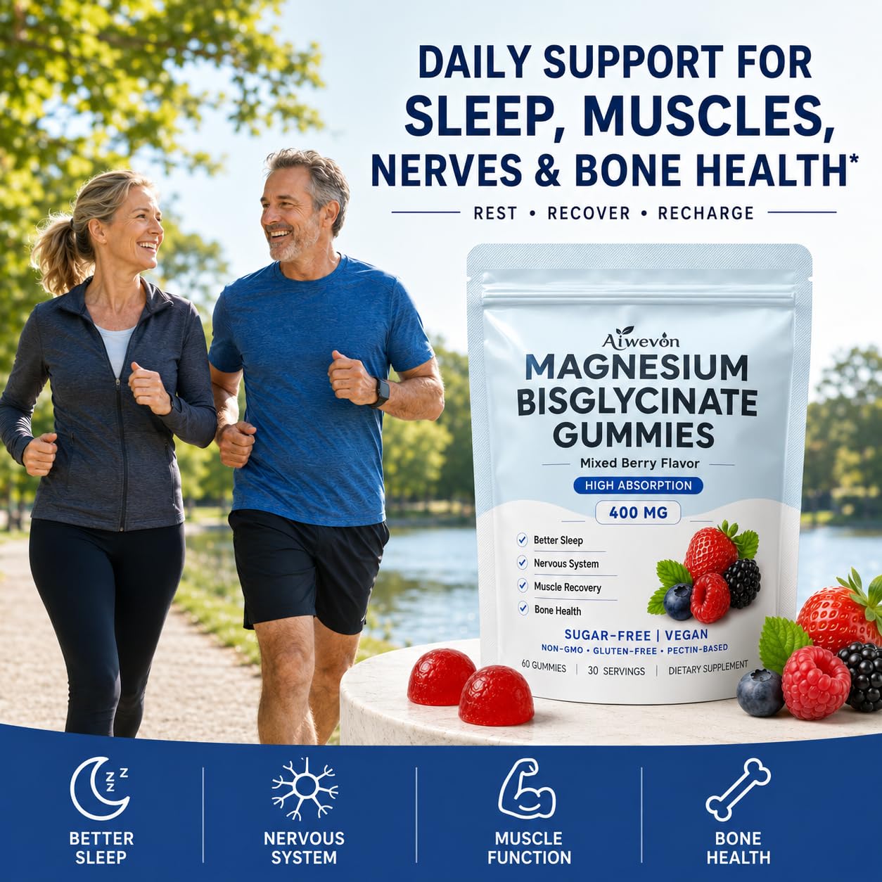 Aiwevon Magnesium Bisglycinate Gummies 400mg, 60 Count