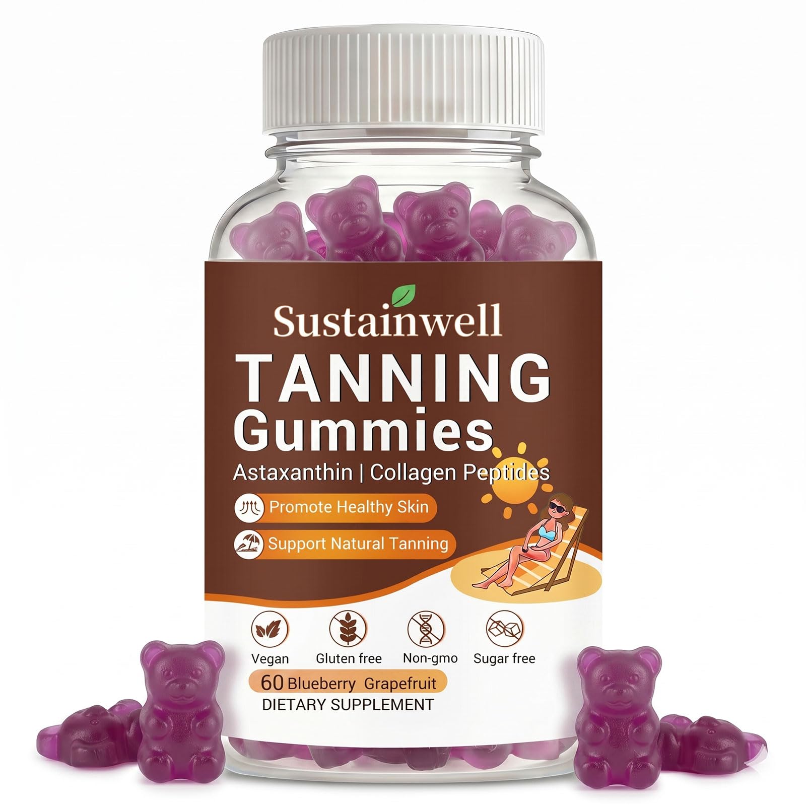 SustainWell Tanning Gummies with Astaxanthin & Collagen 60 Gummies