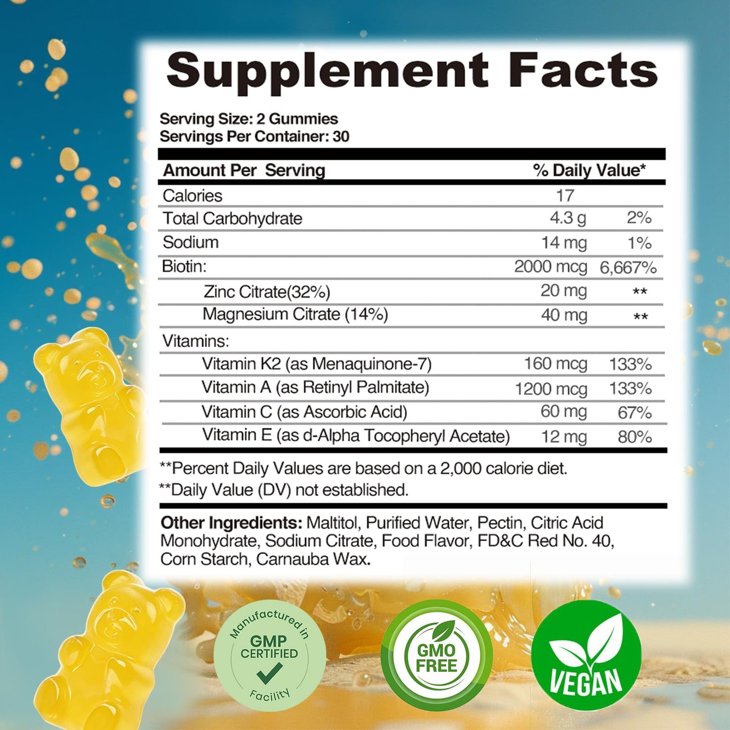 Dyeazirn Hair Growth Gummies with Biotin 2000mcg, Hair, Skin & Nails Vitamins, 60 Count