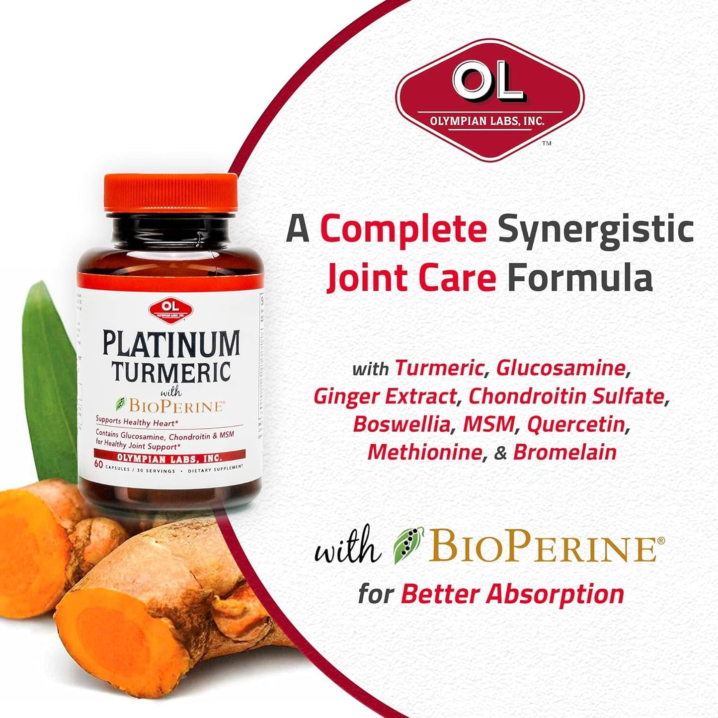 Olympian Labs Platinum Turmeric Formulated with Glucosamine, Chondroitin, MSM & BioPerine for Maximum Joint Health, 60 Capsules