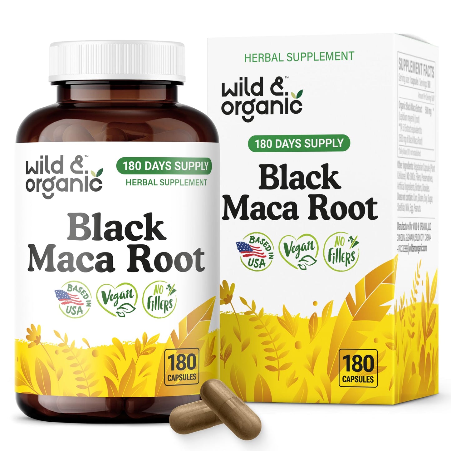 Wild & Organic Black Maca Root Capsules 500 mg, 180 Count