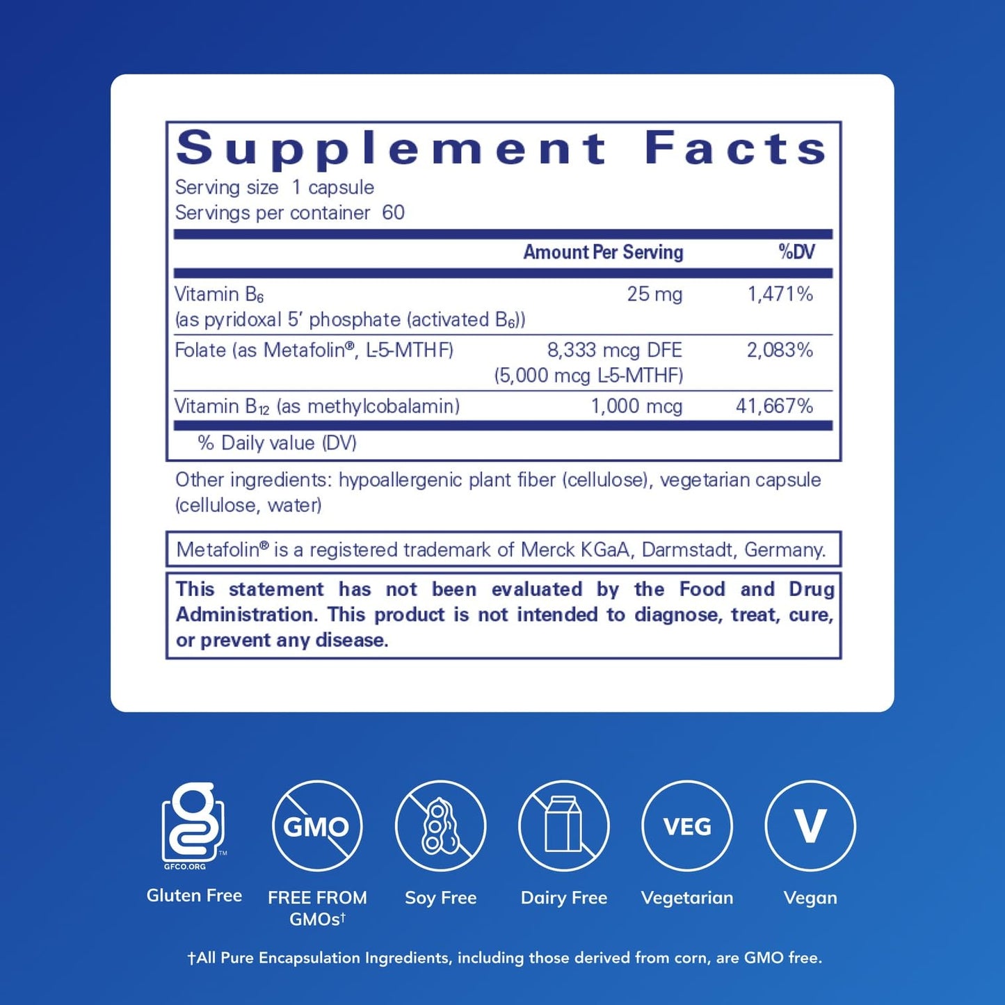 Pure Encapsulations Folate 5,000 Plus Activated Folate, Vitamin B12 and B6 Combination, 60 Capsules