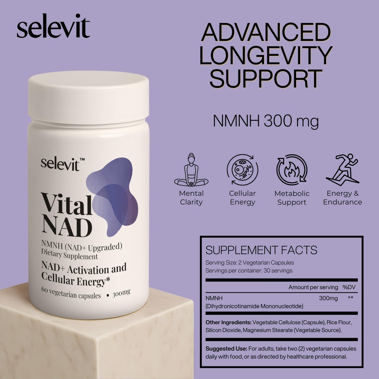 Selevit Vital NAD (NMNH) 300mg NAD+ Supplement Capsules, 60 Capsules