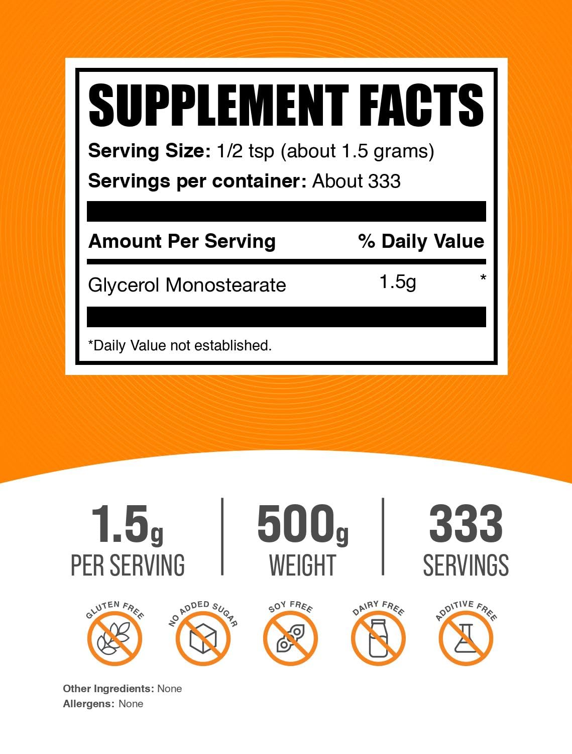 BulkSupplements Glycerol Monostearate Powder (GMS) - Unflavored, Food Grade & Gluten Free, 1.5g per Serving, 500g, 17.64