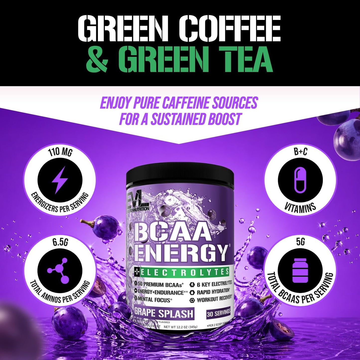 Evlution BCAAs Amino Acids Powder - BCAA Energy Pre Workout Powder with 6 Key Electrolytes - Grape Splash 12.2