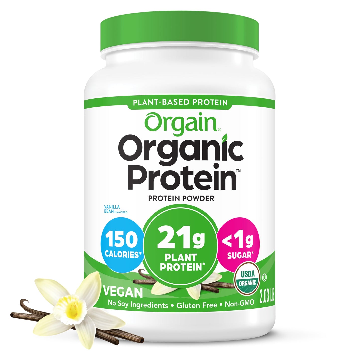 Orgain Organic Vegan 21g Protein Powder, Vanilla Bean, 2.03 lb, 32.48 Servings