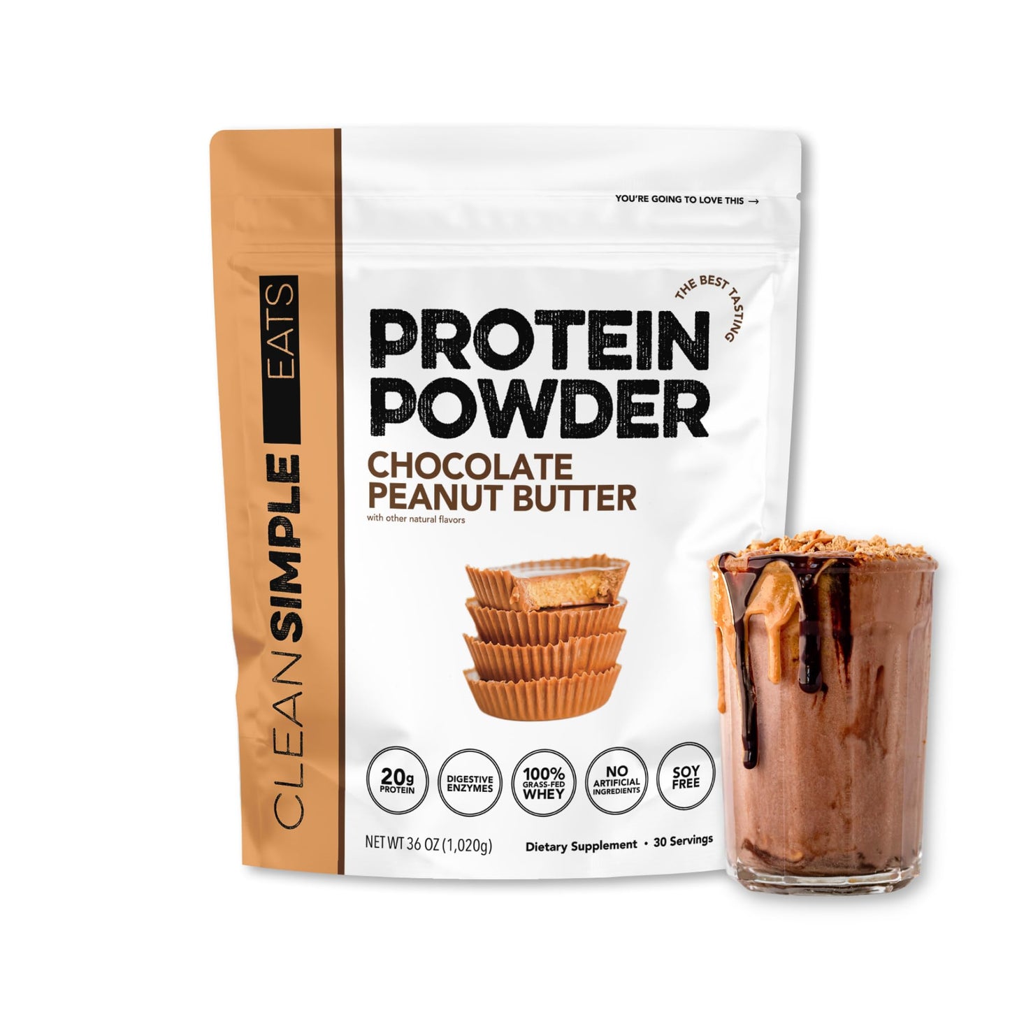 Clean Simple Eats Whey Protein Powder Chocolate Peanut Butter 30 Servings