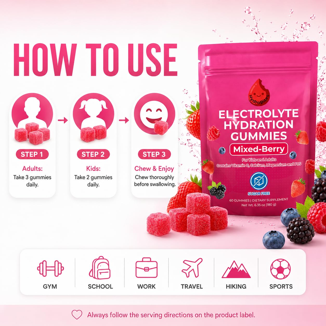 HydroBites Sugar Free Electrolyte Gummies, Mixed Berry, Vegan, 60 Count