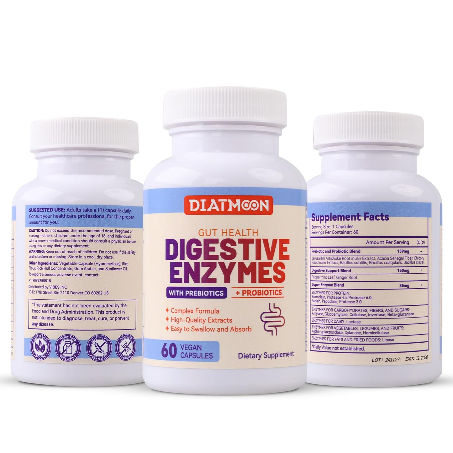 DIATMOON Digestive Enzymes with Probiotics and Prebiotics – Multi Enzymes for Better Digestion, Gut Health Support, 60 Capsules