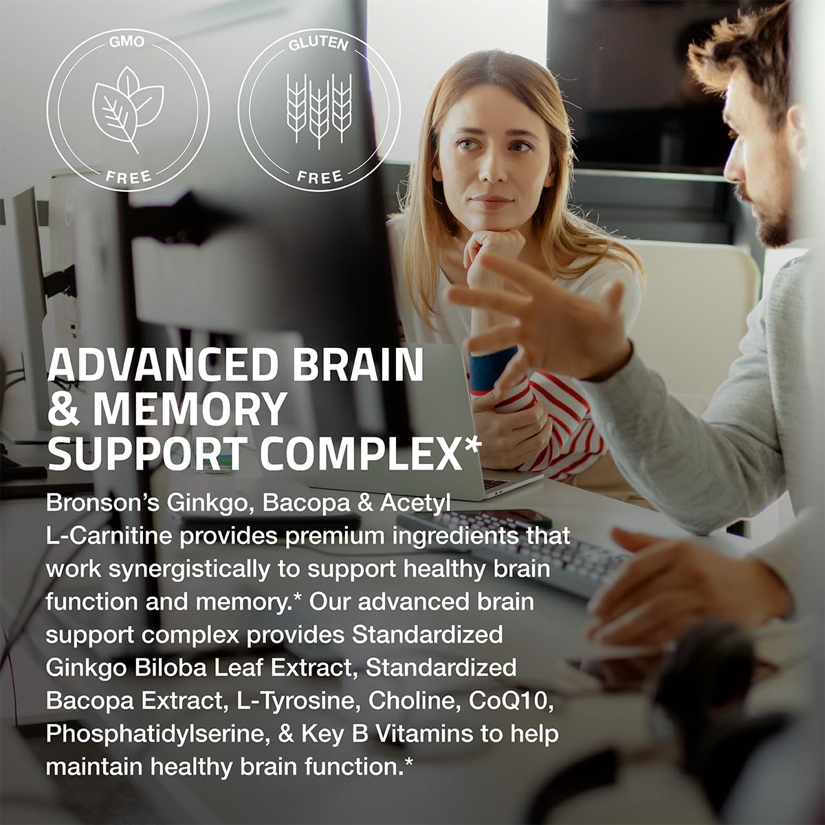 Bronson Ginkgo, Bacopa & Acetyl L-Carnitine Brain & Memory Support Complex with L-Tyrosine, Choline, CoQ10 & Phosphatidylserine Plus Key B Vitamins Non-GMO, 60 Tablets