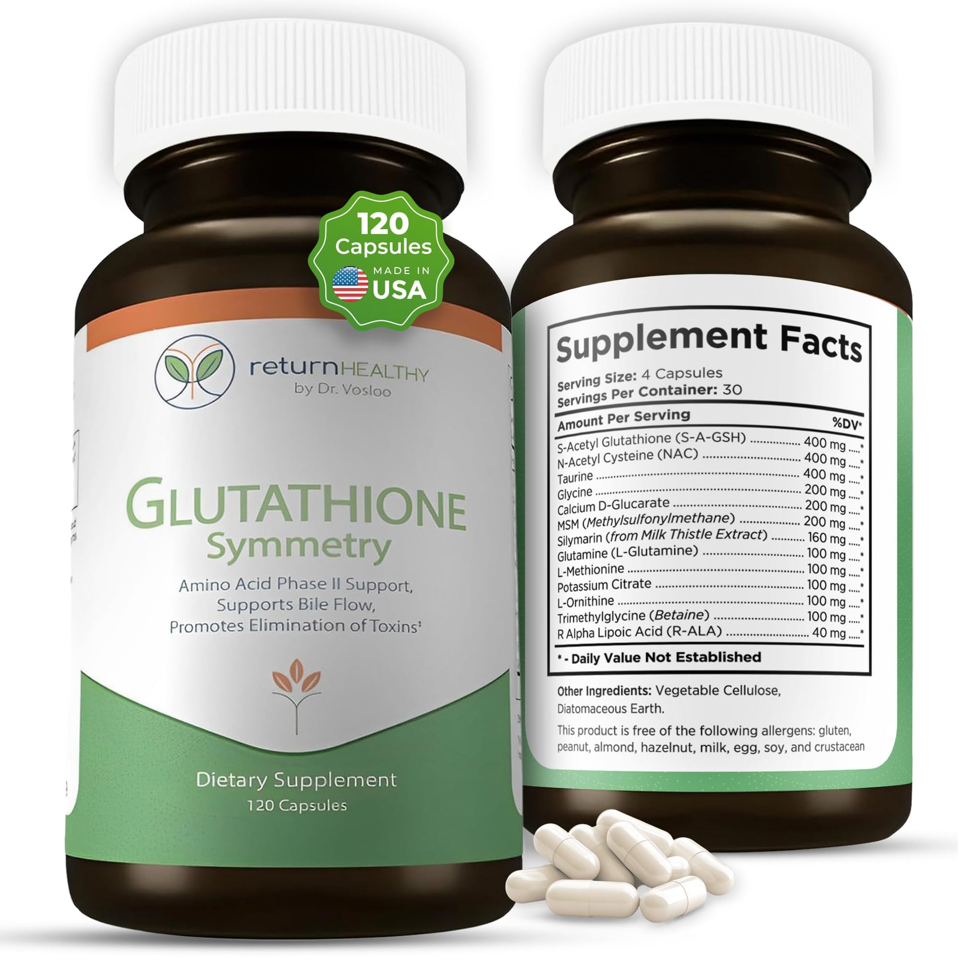 Return Healthy Glutathione Symmetry S-Acetyl Glutathione Supplement Capsule 120 Count