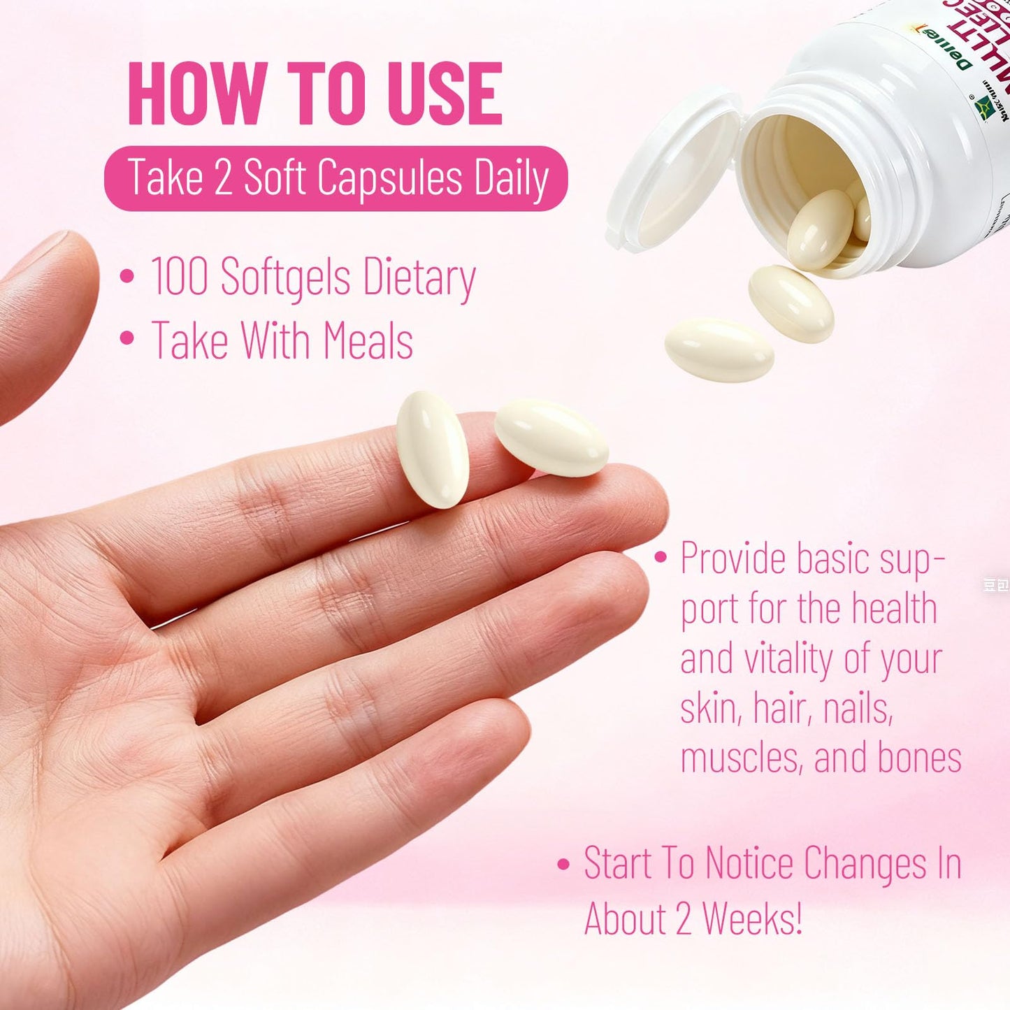 Wins Town Multi Collagen Peptides Softgels - Type I, II, III, V, X with Hyaluronic Acid, Vitamin C & Biotin, Supports Skin, Hair, Nails, Bones & Muscles, 100 Softgels