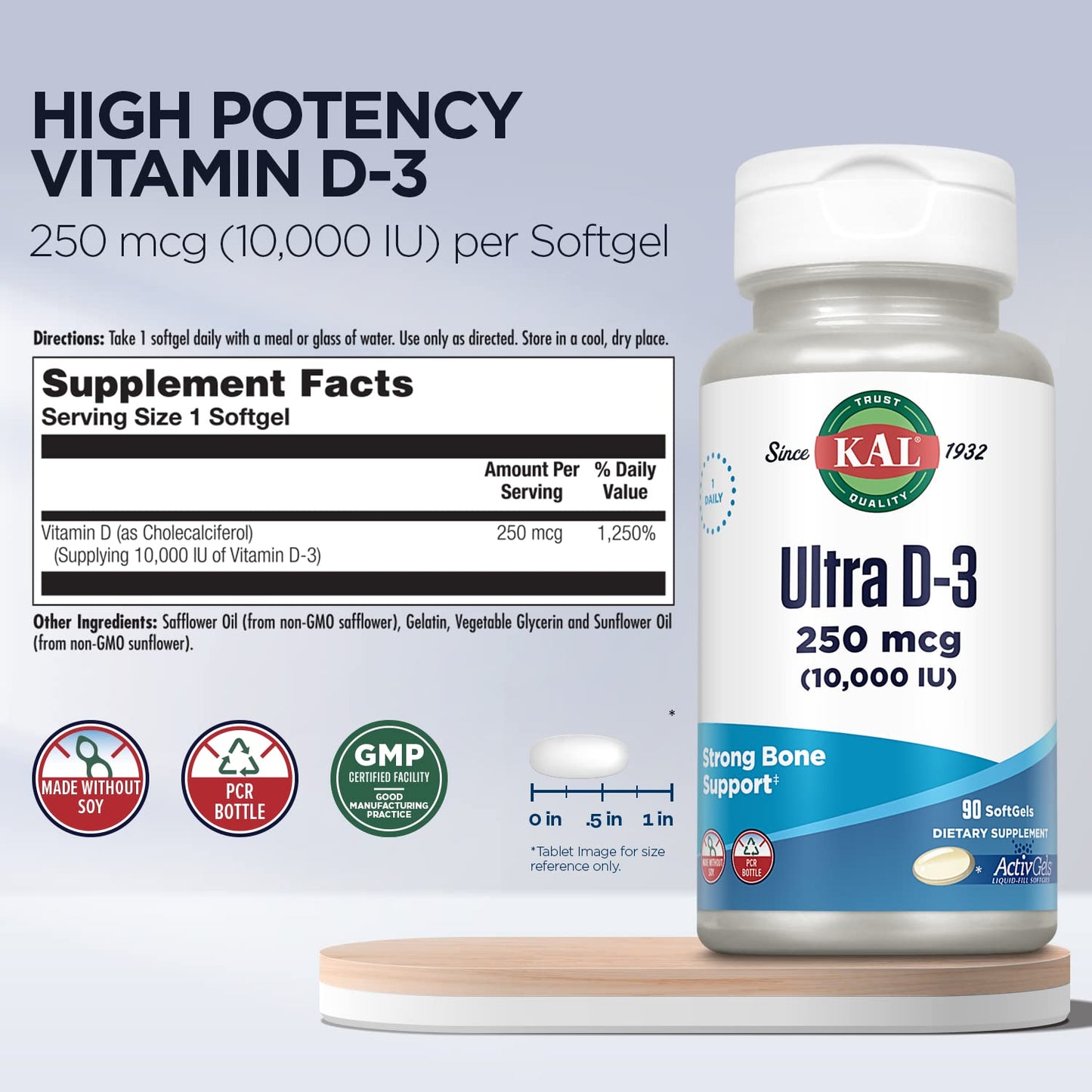 KAL Ultra Vitamin D3 10000 IU Softgels, 90 Softgels