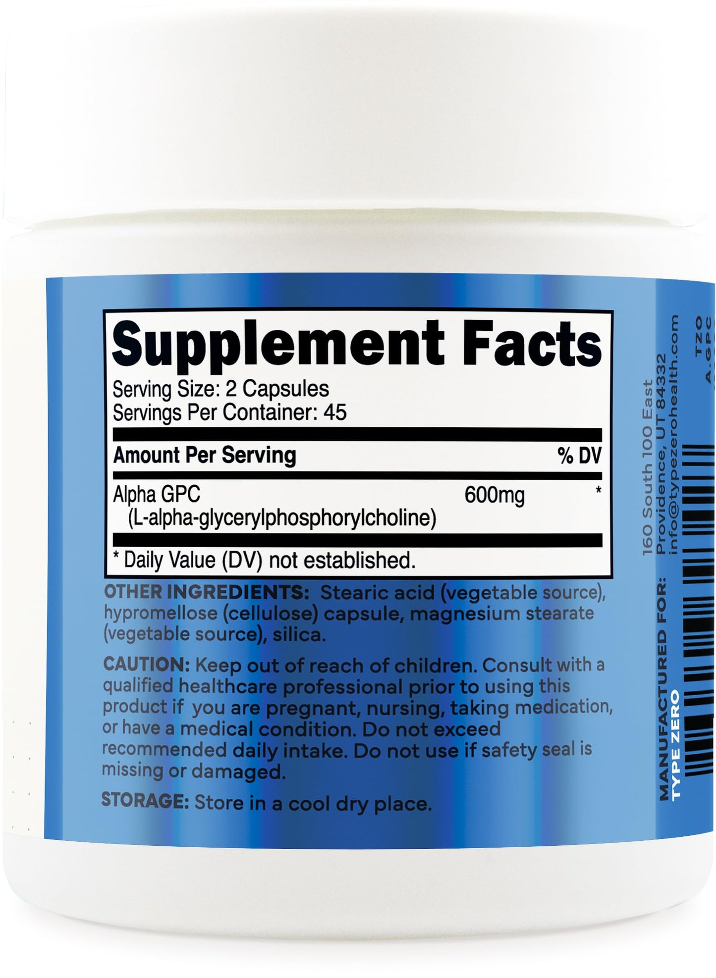 Type Zero Ultra Clean Alpha GPC Choline Supplement Capsule, 90 Capsules